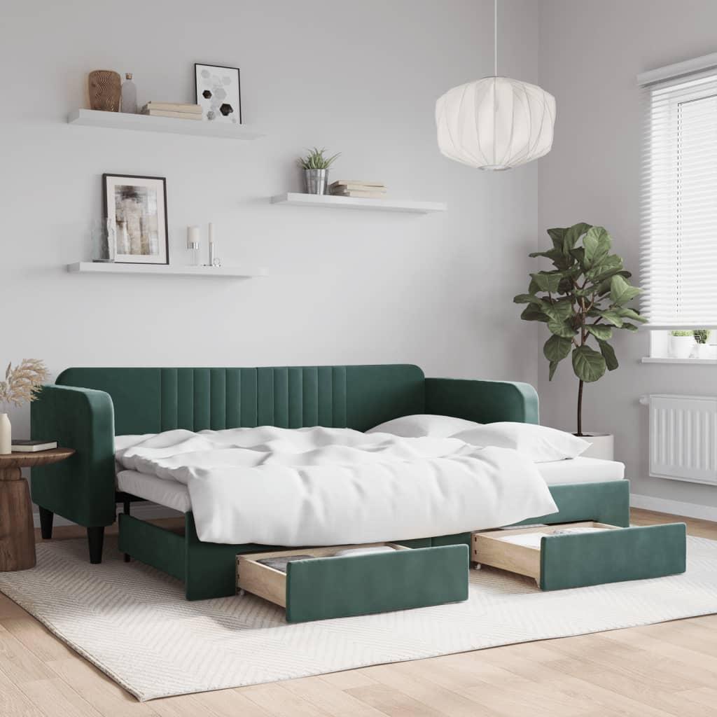 Grøn Daybed Med Udtræk Skuffer 80x200 Velour Mørke - Boligcenter Daybed  - 8720845464806