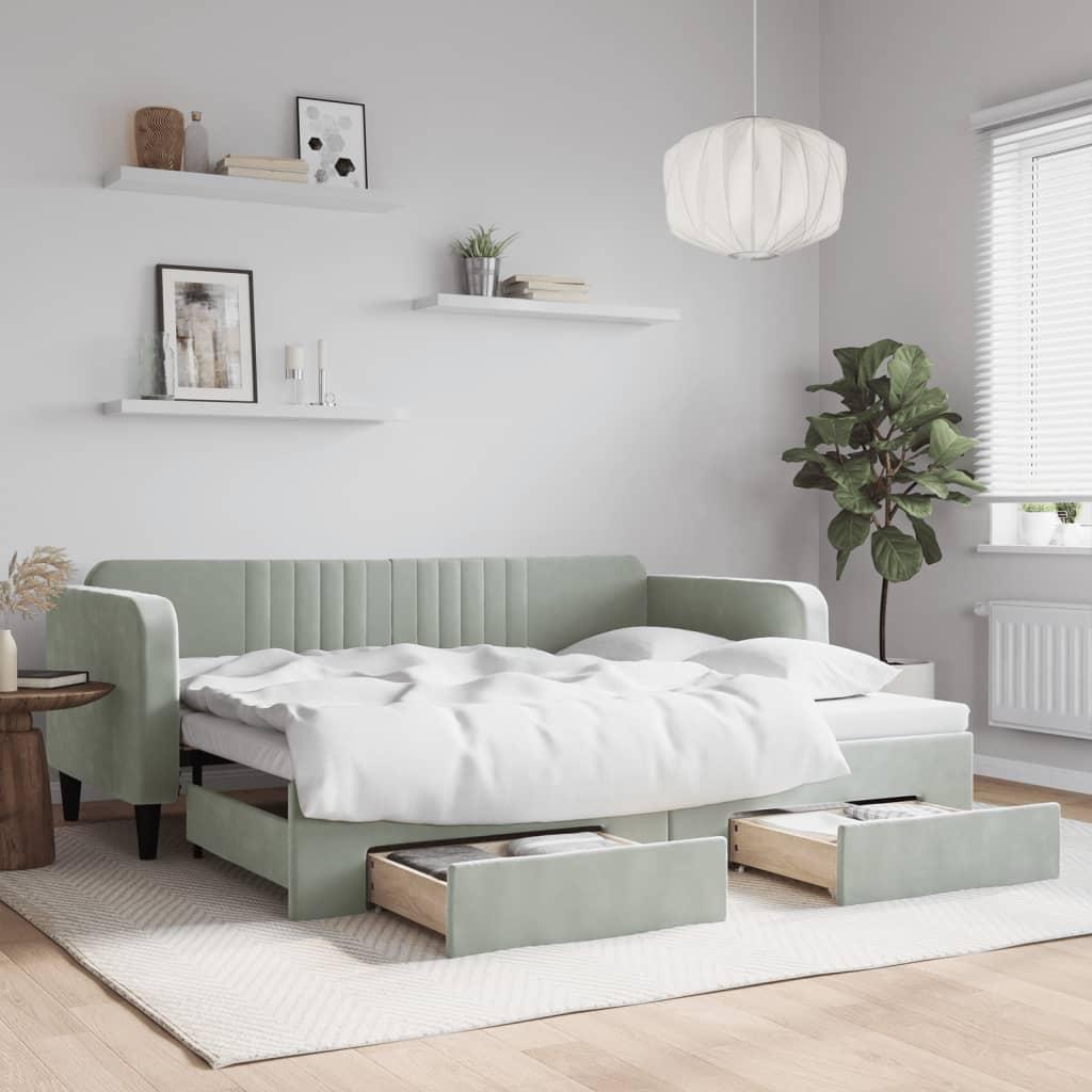 Daybed Med Udtræk Skuffer 90x200 Velour Lysegrå - Boligcenter Daybed  - 8720845472139