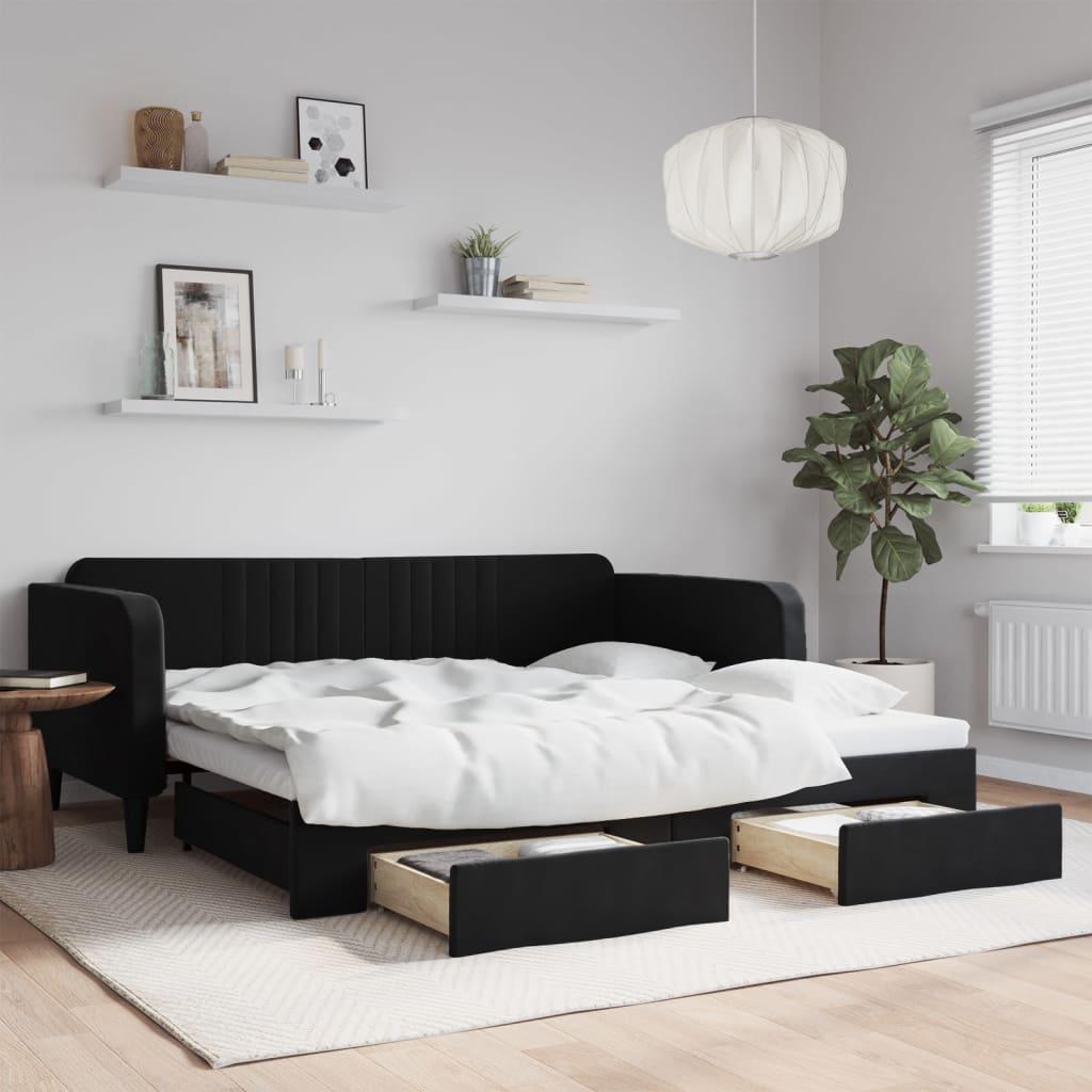 Sort Daybed Med Udtræk Skuffer 100x200 Velour - Boligcenter Daybed  - 8720845472245