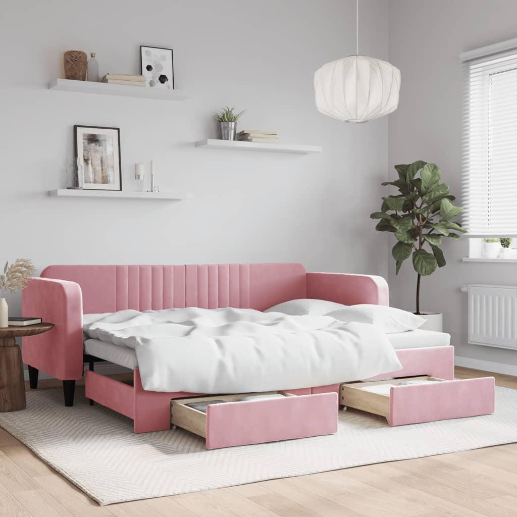 Daybed Med Udtræk Skuffer 80x200 Velour Lyserød - Boligcenter Daybed  - 8720845472092