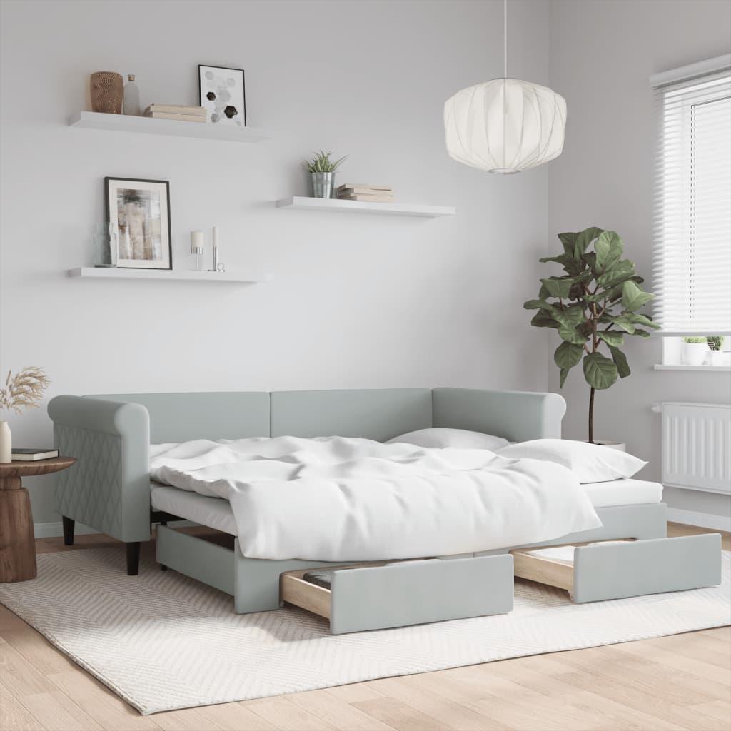 Daybed Med Udtræk Skuffer 90x190 Velour Lysegrå - Boligcenter Daybed  - 8720845464981