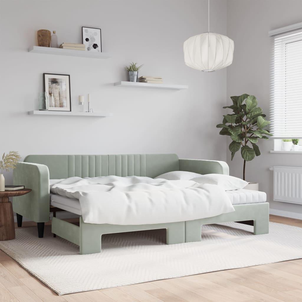 Daybed Med Udtræk Madras 90x200 Velour Lysegrå - Boligcenter Daybed  - 8720845471651