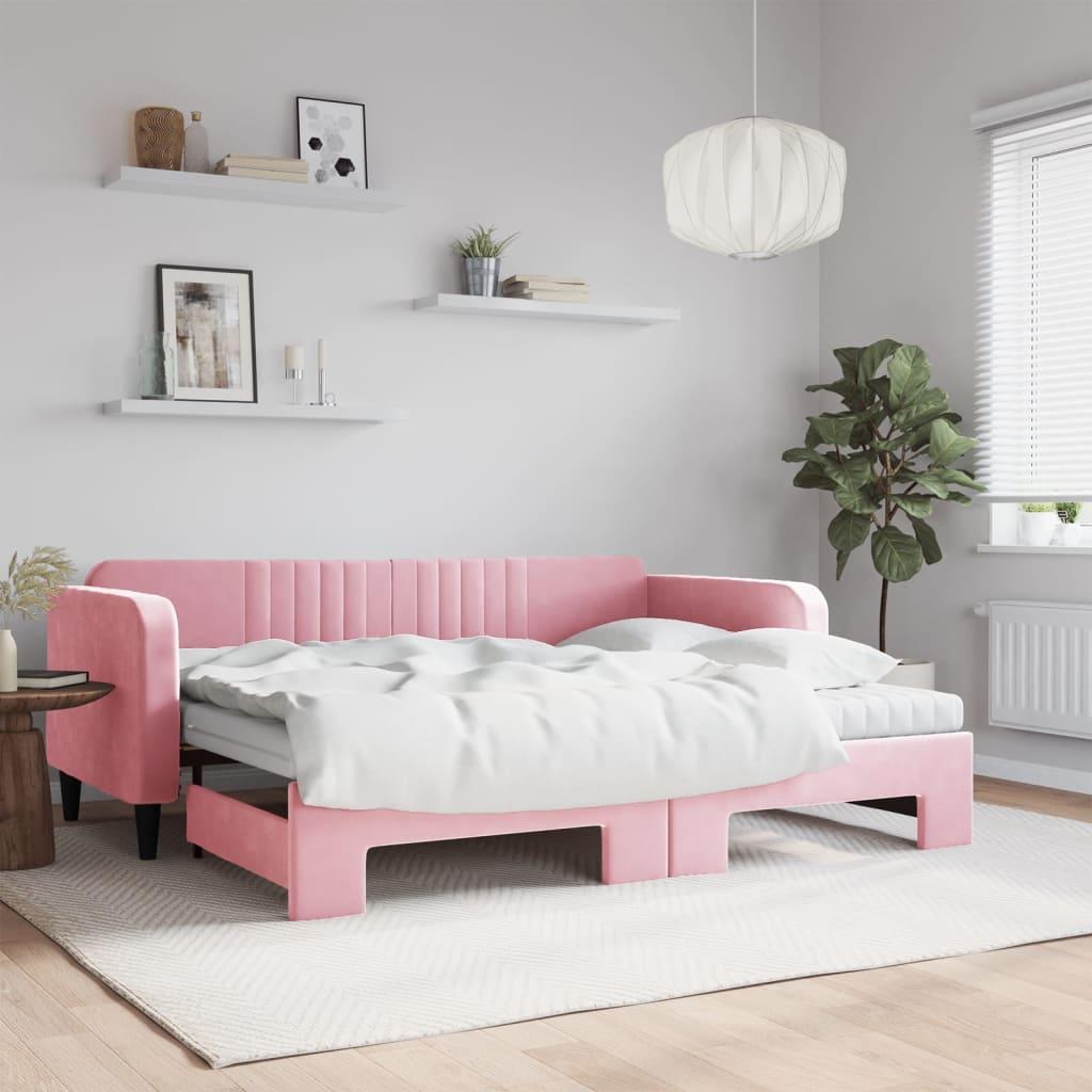 Daybed Med Udtræk Madras 90x200 Velour Lyserød - Boligcenter Daybed  - 8720845464646