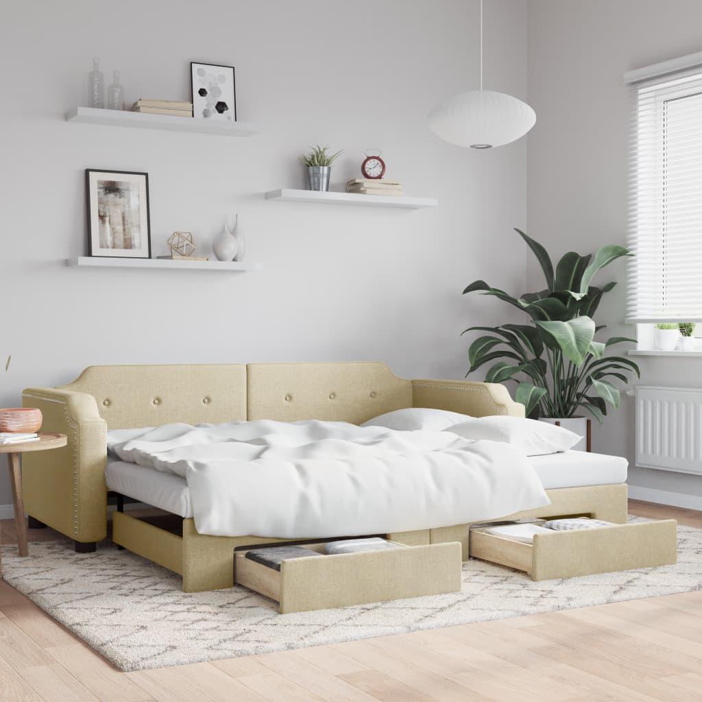 Daybed Med Udtræk Skuffer 100x200 Stof Cremefarvet - Daybed  - 8720845470715