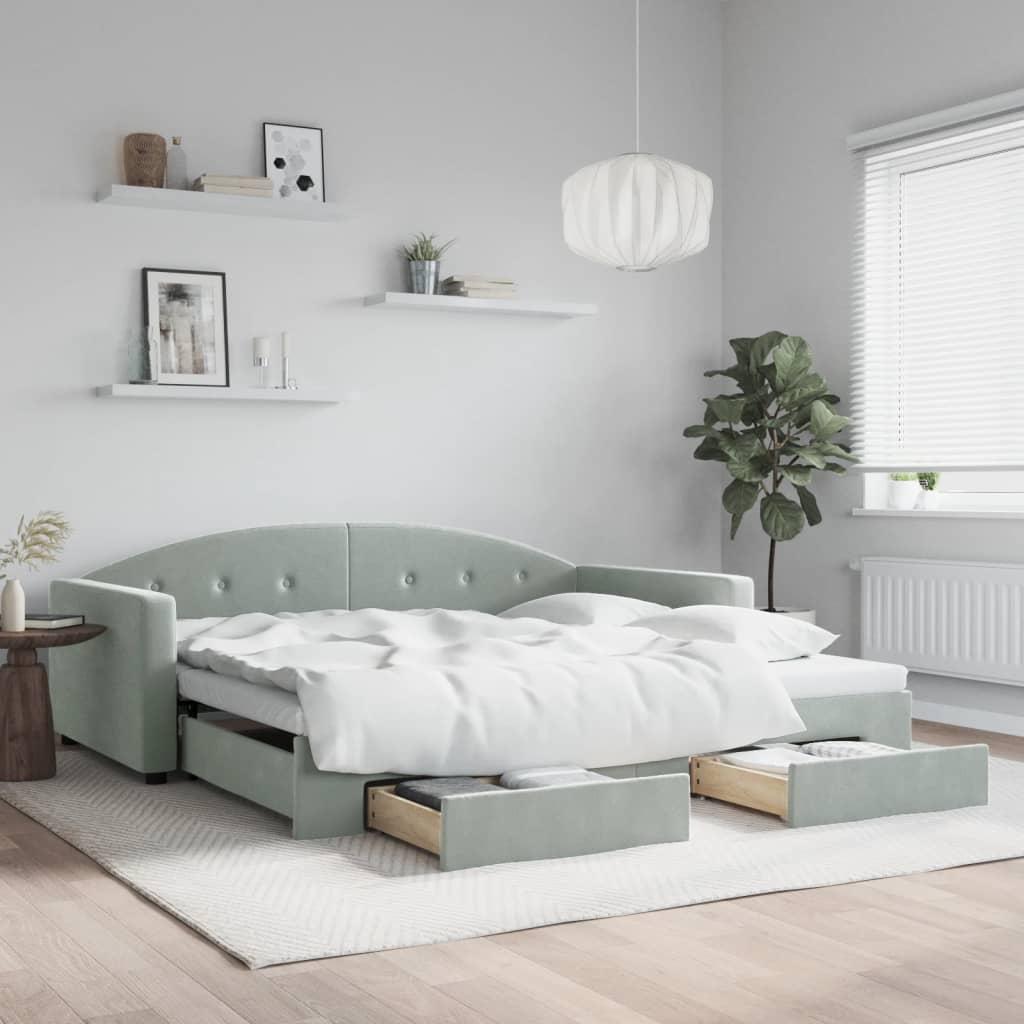 Daybed Med Udtræk Skuffer 100x200 Velour Lysegrå - Daybed  - 8720845464929