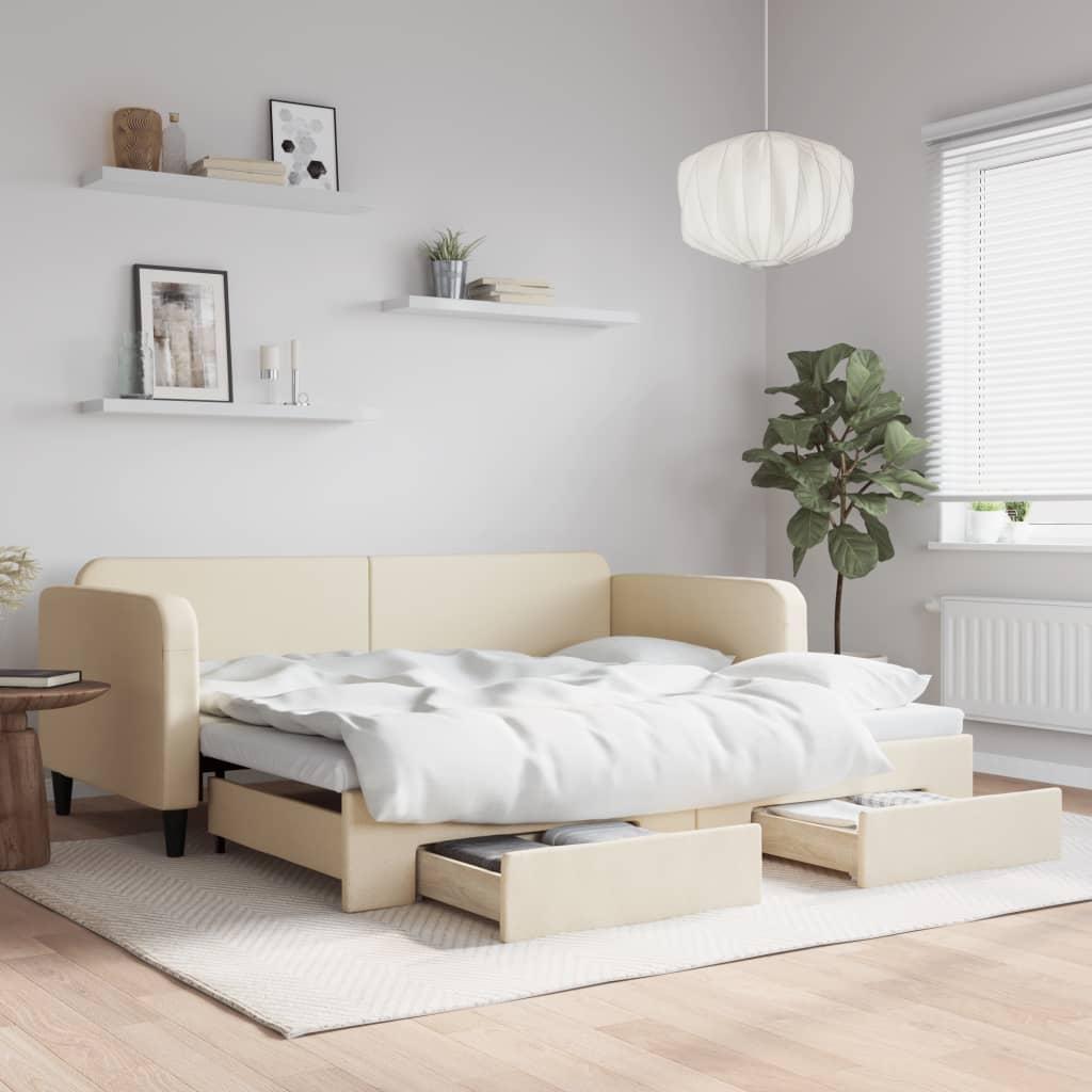 Daybed Med Udtræk Skuffer 90x200 Stof Cremefarvet - Daybed  - 8720845462482