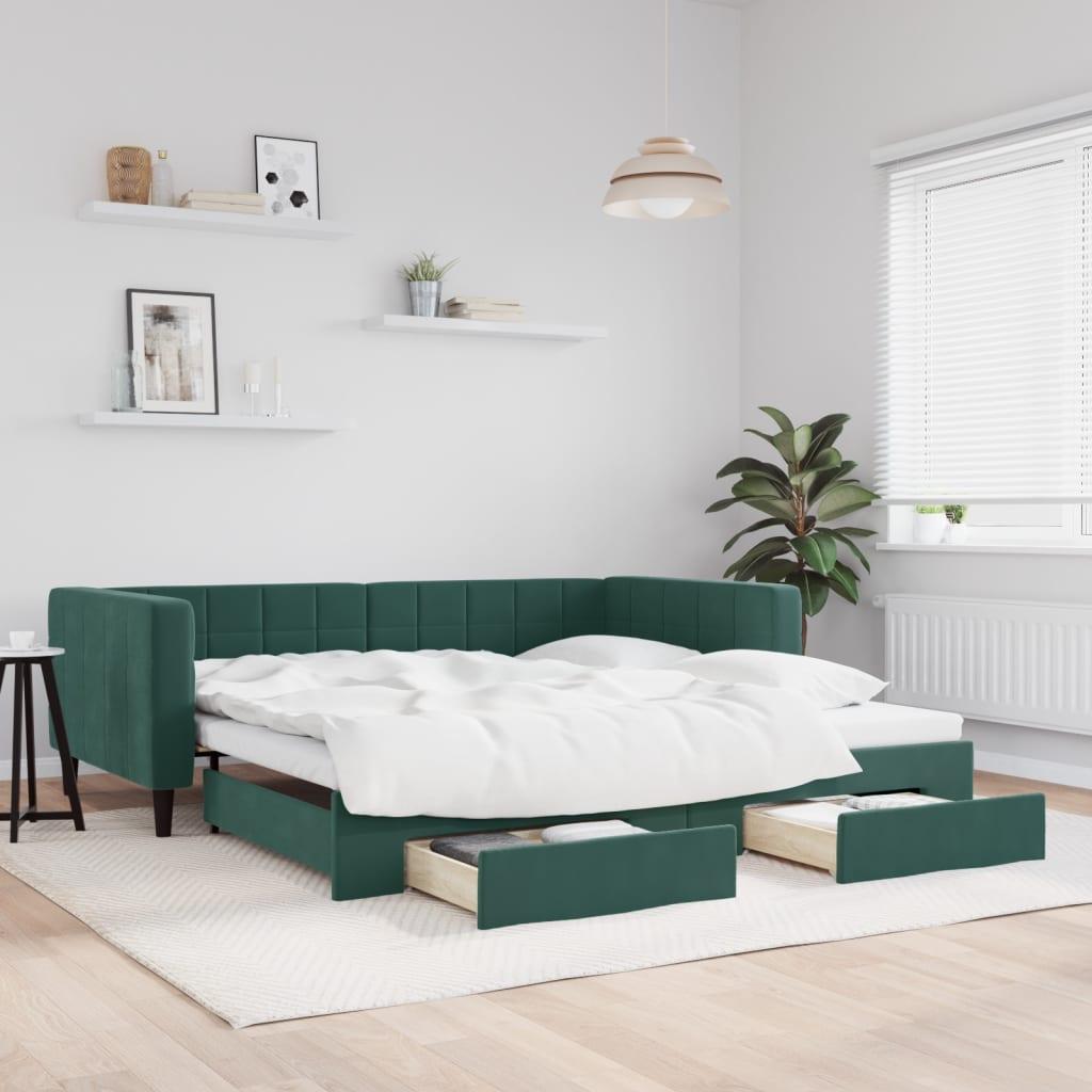 Grøn Daybed Med Udtræk Skuffer 100x200 Velour Mørke - Daybed  - 8720845467562