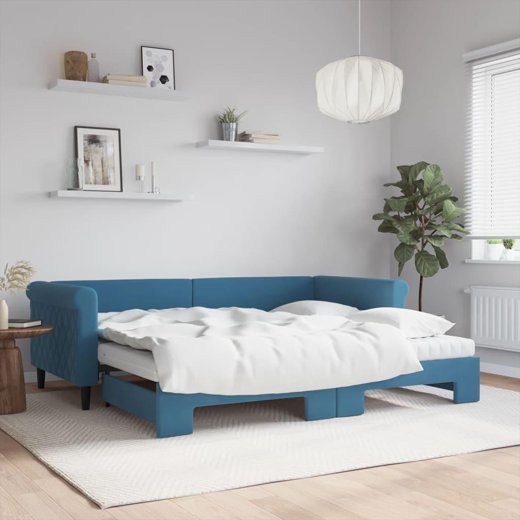 Daybed Med Udtræk Madras 90x200 Velour Blå - Daybed  - 8720845466985