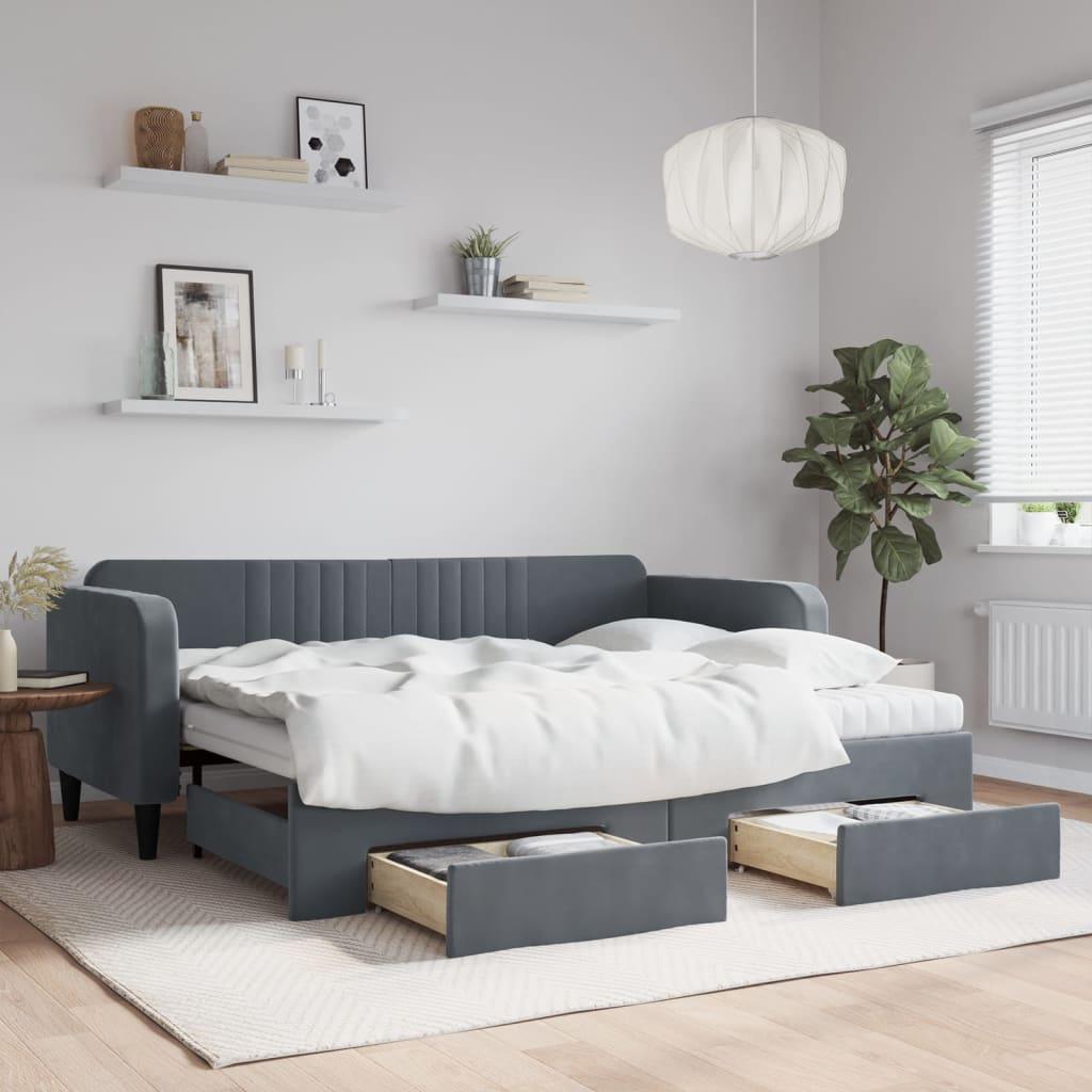 Daybed Med Udtræk Skuffer 90x200 Velour Mørkegrå - Daybed  - 8720845463526