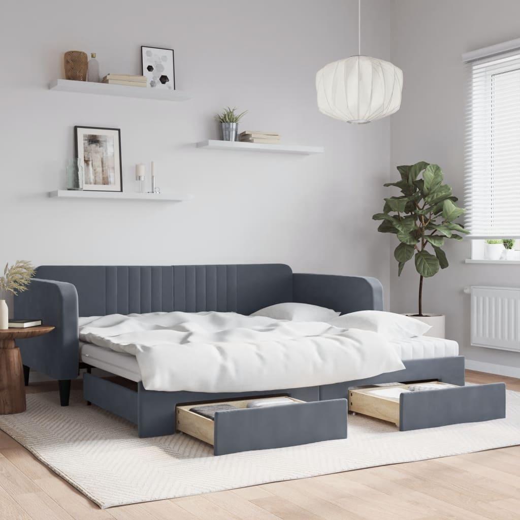 Daybed Med Udtræk Skuffer 100x200 Velour Mørkegrå - Daybed  - 8720845461218