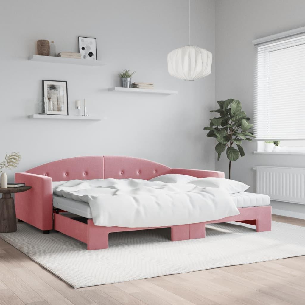 Daybed Med Udtræk Madras 100x200 Velour Lyserød - Daybed  - 8720845467098