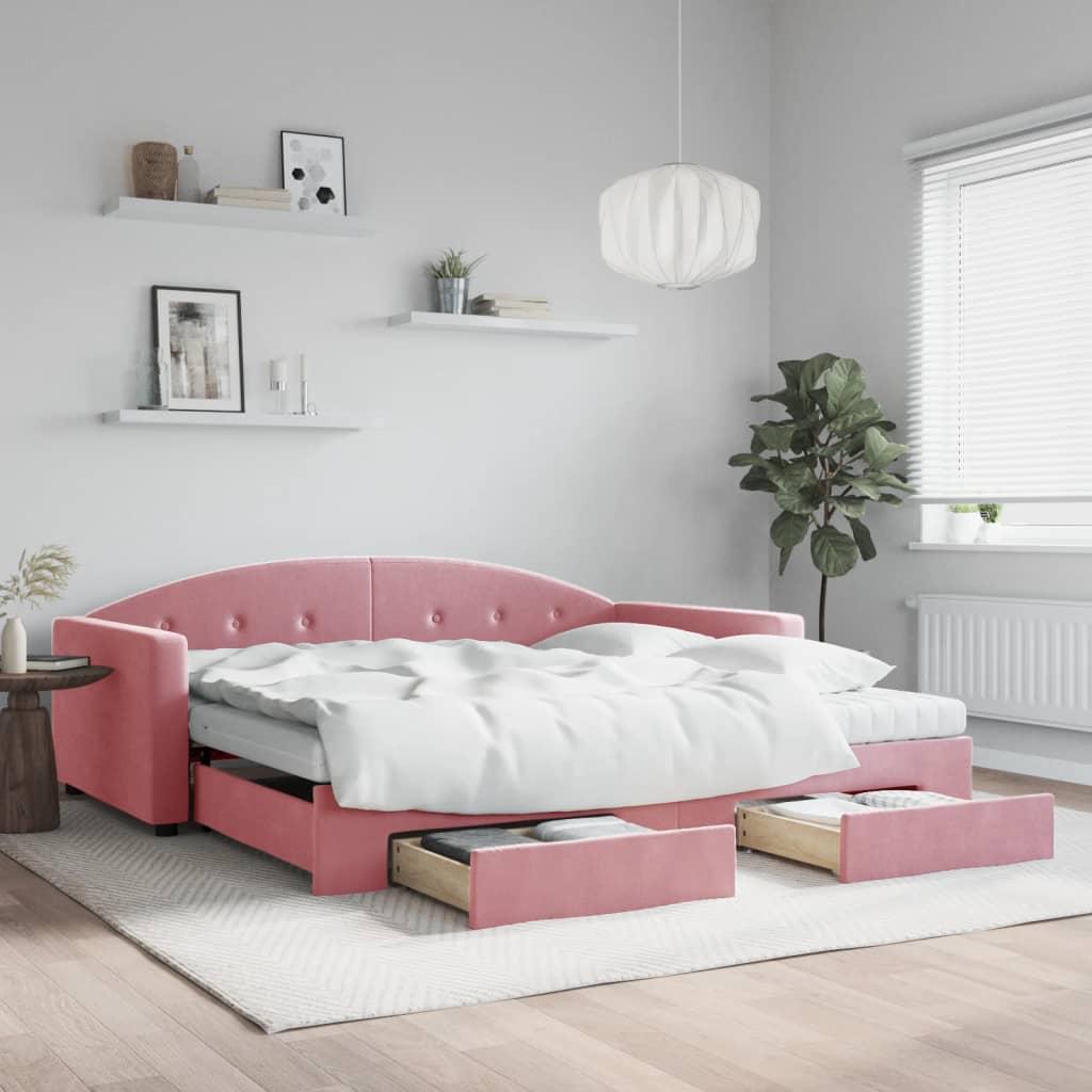 Daybed Med Udtræk Skuffer 100x200 Velour Lyserød - Daybed  - 8720845467333