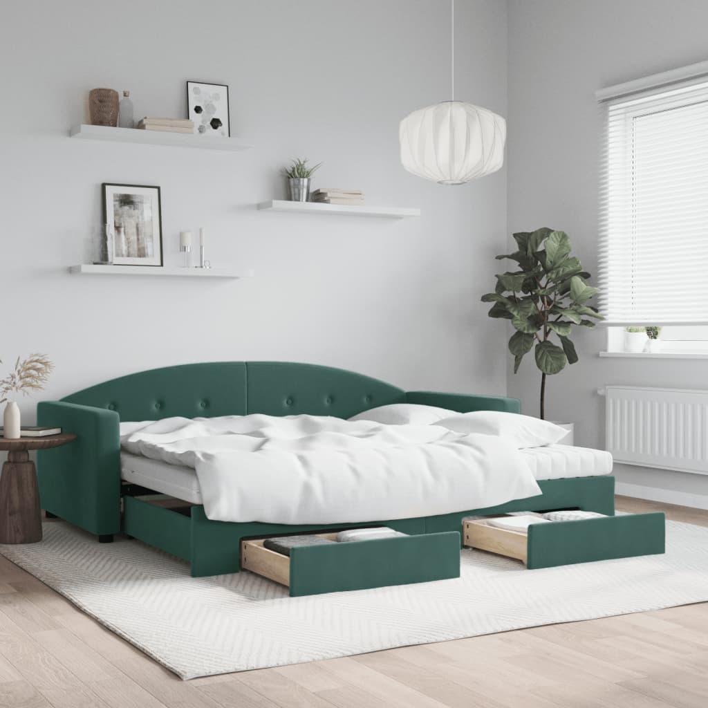 Grøn Daybed Med Udtræk Skuffer 90x200 Velour Mørke - Daybed  - 8720845463533